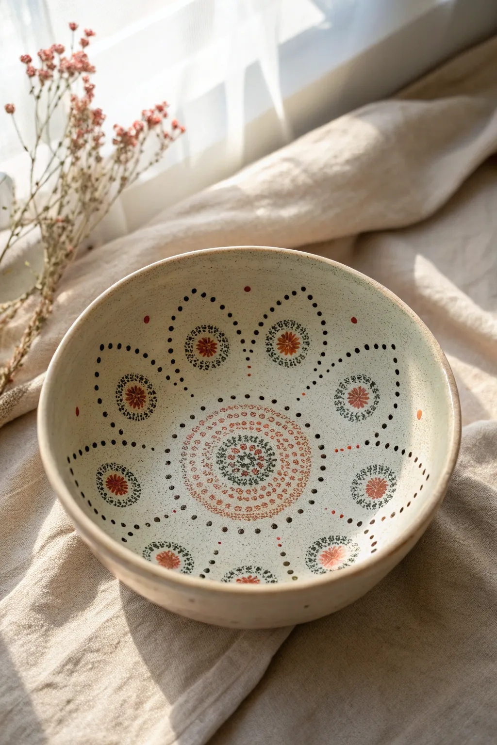 Mandala dot bowl painting idea: calming symmetry, soft neutrals, and handcrafted boho vibes.