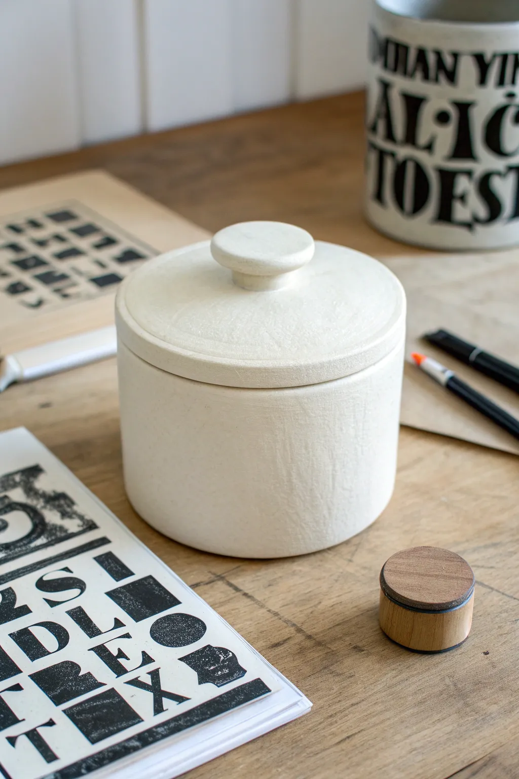 Minimal ceramic lidded box with stencil-style paint accents for a personal handmade finish