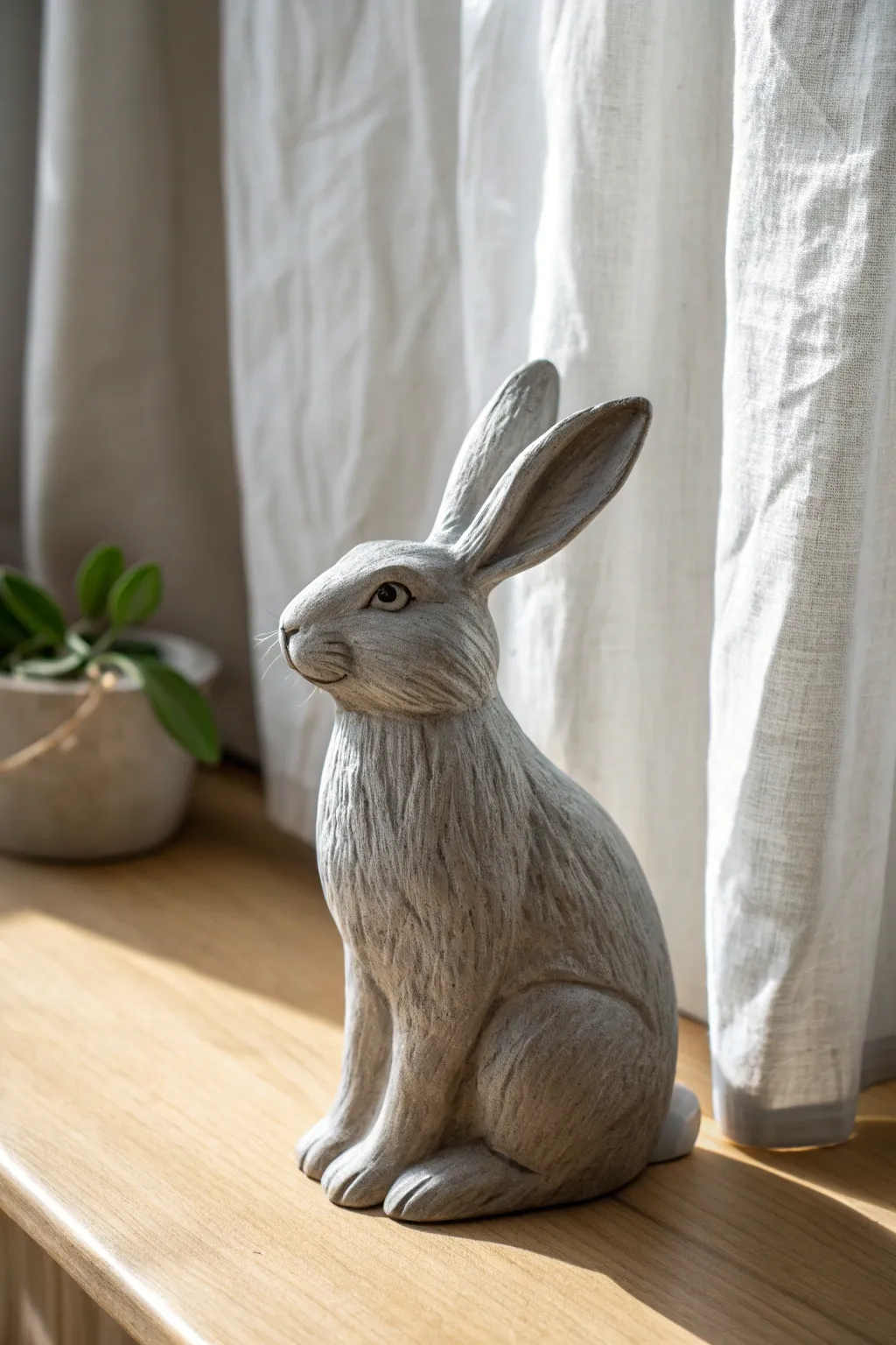 Gray ceramic bunny with crisp white dry-brushed fur highlights, perfect minimalist painting inspiration