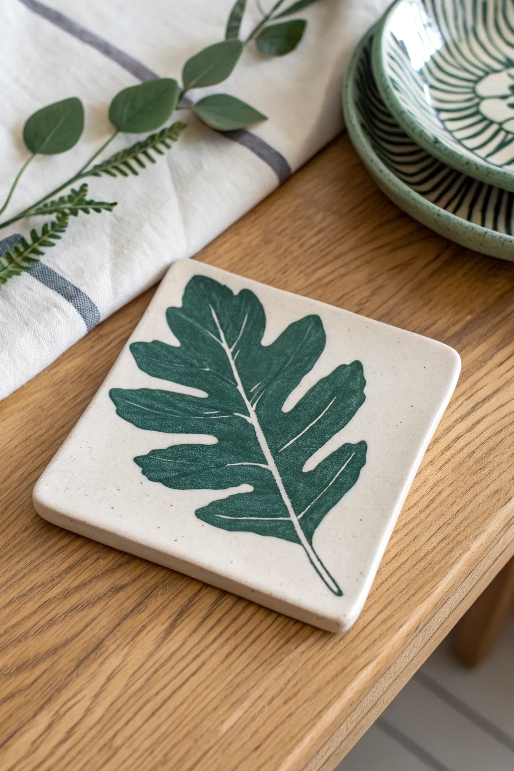 Bold leaf silhouettes on a minimalist ceramic coaster, high-contrast and easy to recreate.