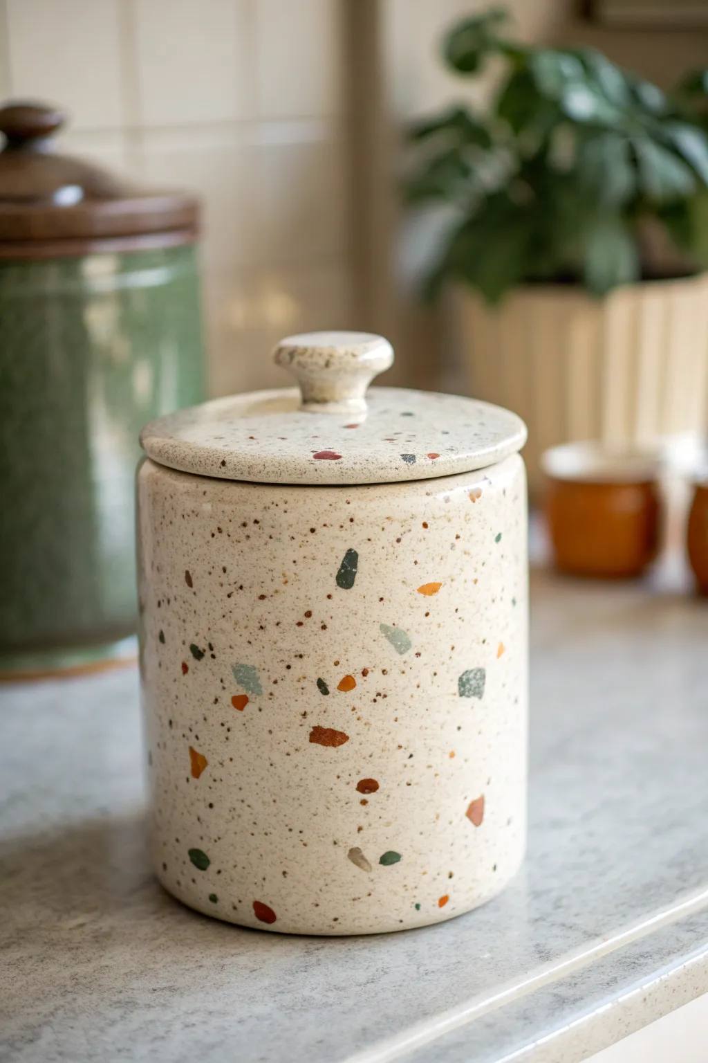 Terrazzo-speckled ceramic cookie jar with a clean lid, crisp speckles and calm minimal styling