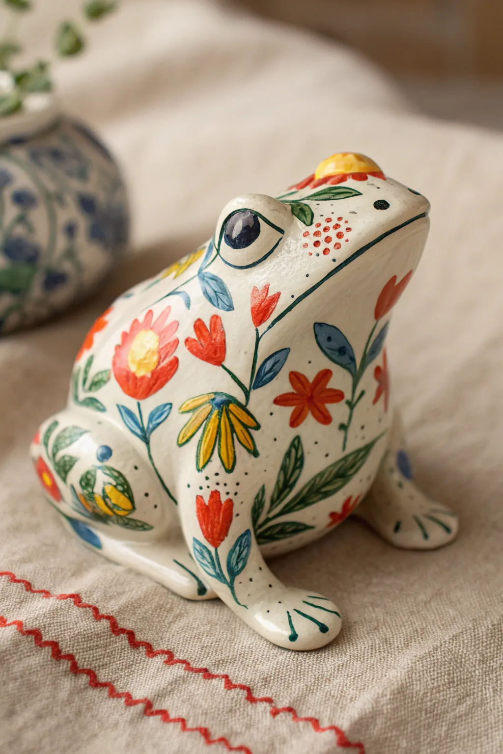 Bright folk floral ceramic frog, crisp lines and boho energy in a clean Scandinavian setup