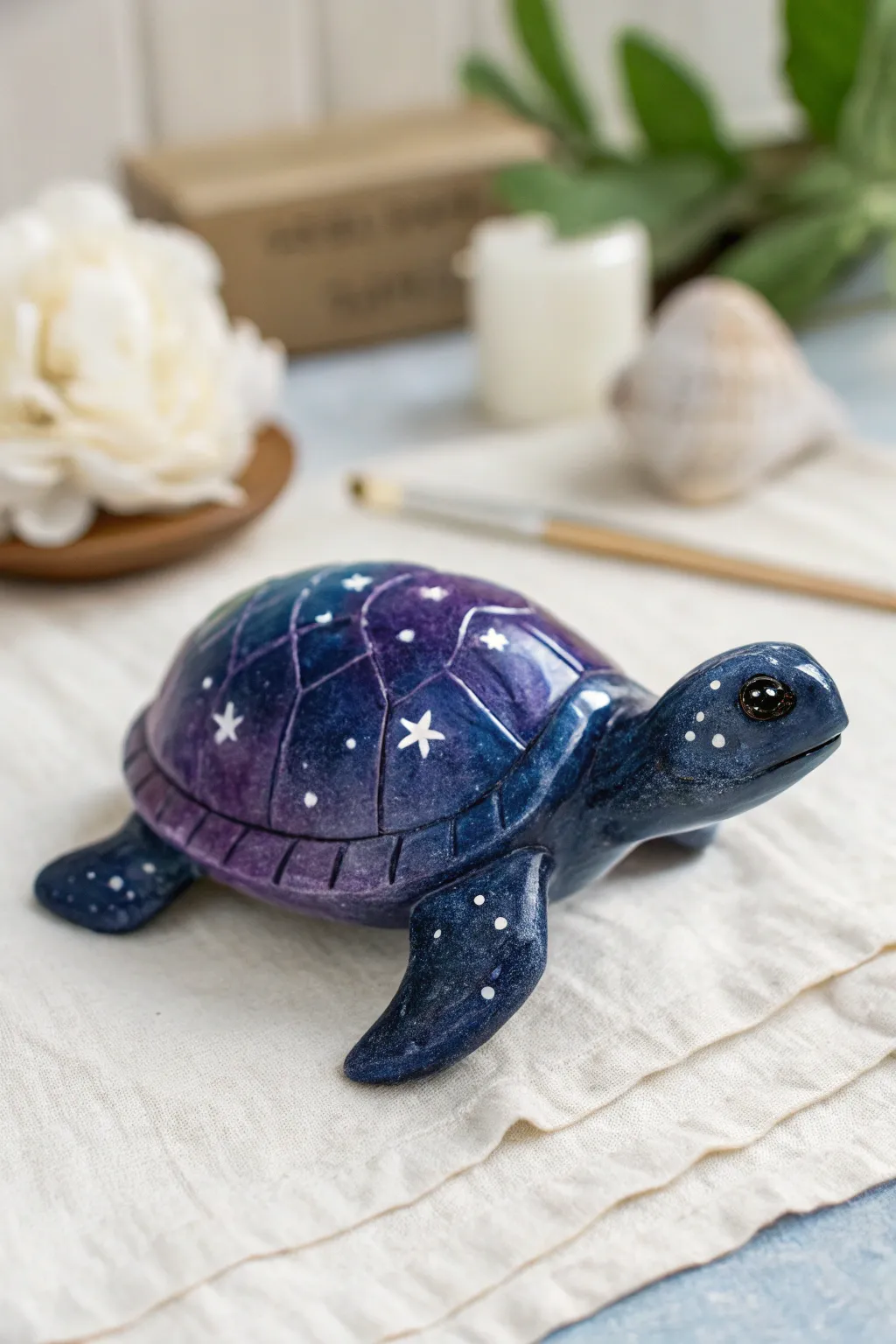 Galaxy shell turtle with delicate star splatter, dreamy night-sky gradient and crisp contrast