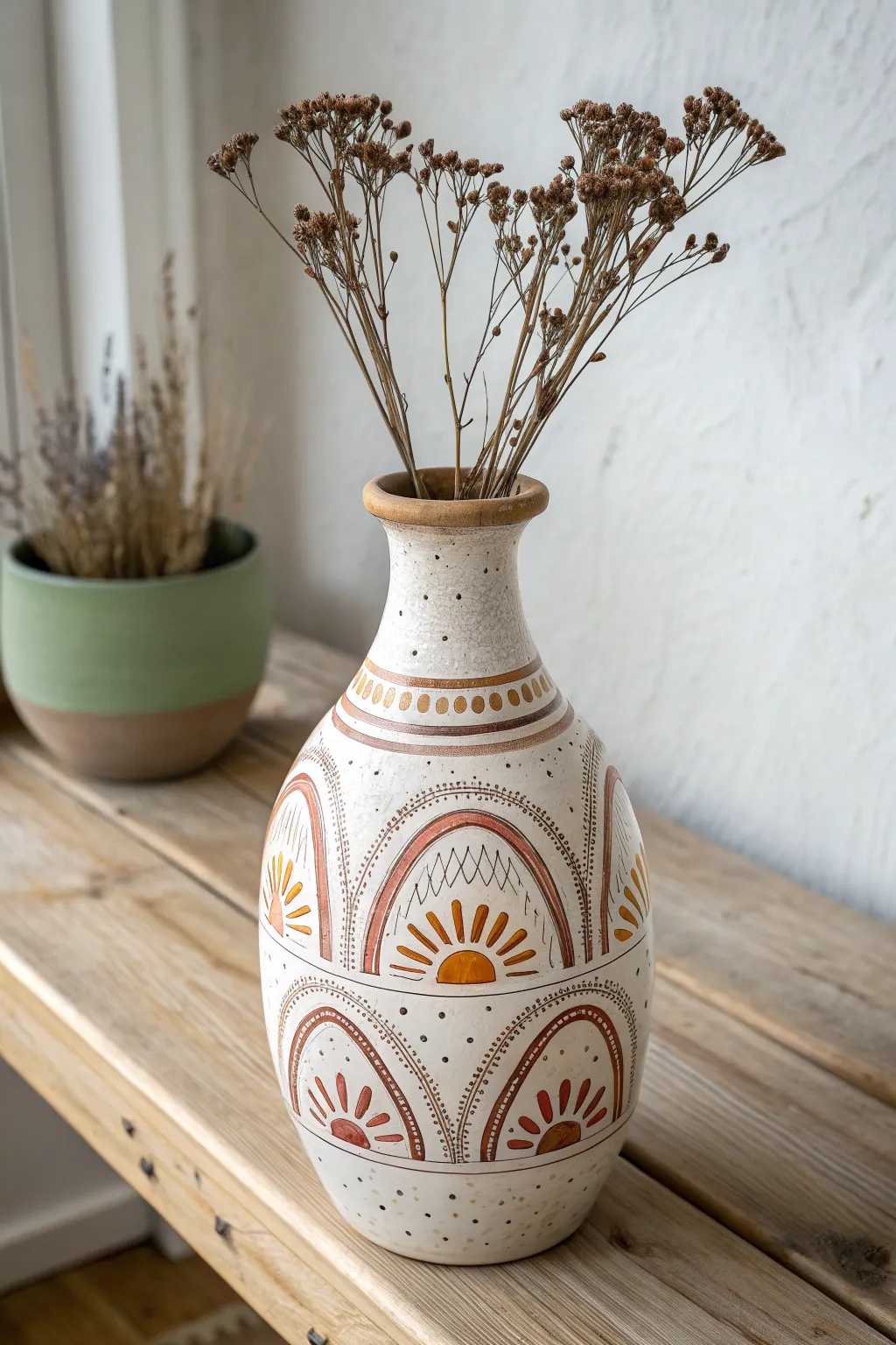 Earthy boho folk patterns on a handmade ceramic vase, minimal Scandinavian styling