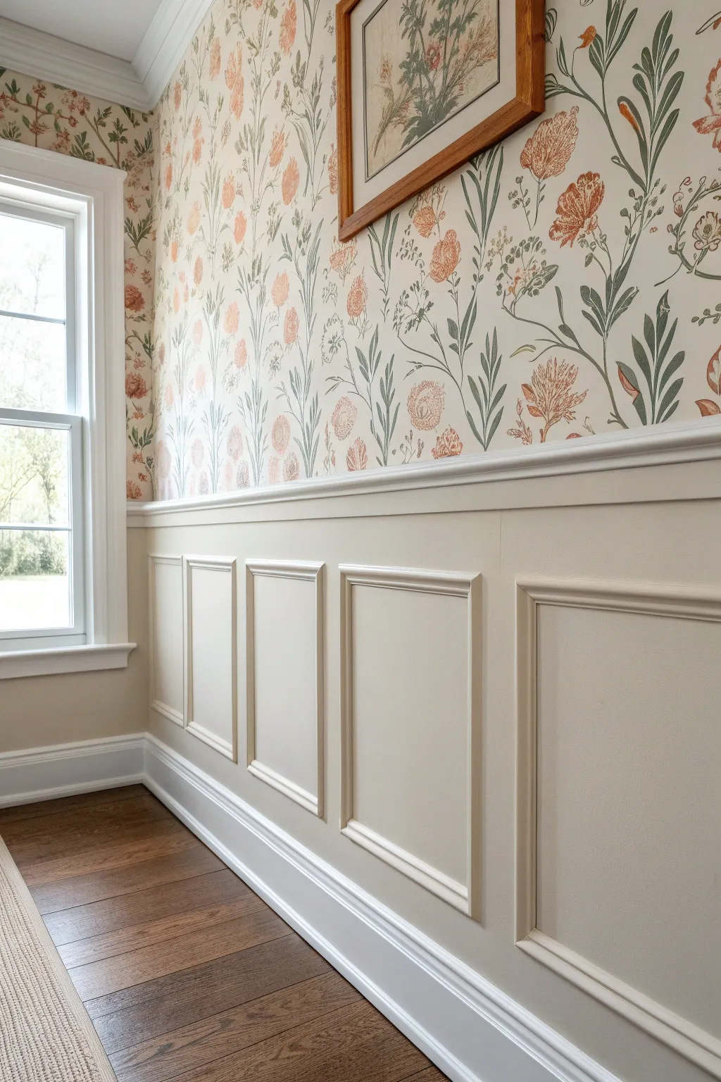 Clean chair rail contrast: solid paint below with medium-scale wallpaper above