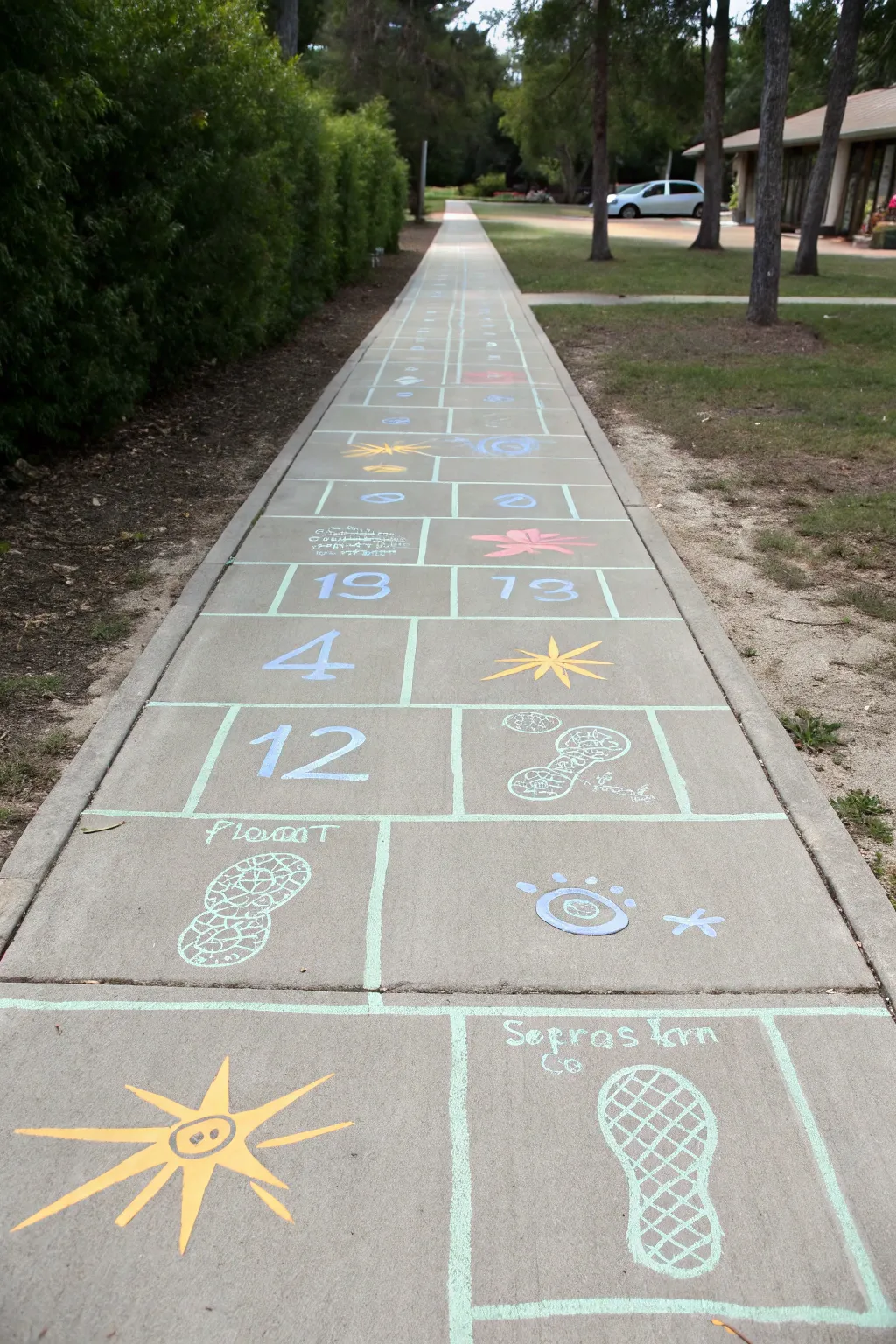 Bright chalk squares transform a driveway into a minimalist obstacle course challenge
