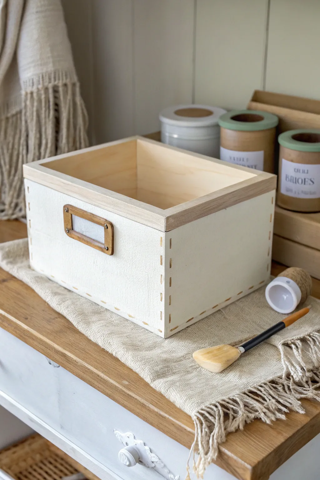 Matte chalk-painted storage box with blank label space and DIY tools in calm boho-minimal style.
