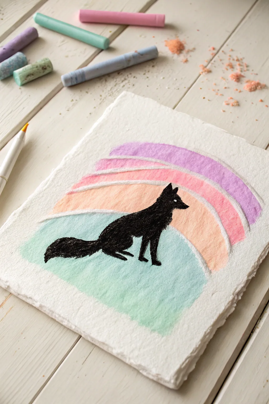 Minimal fox silhouette with a radiant neon pastel aura, clean Scandinavian mood with boho warmth