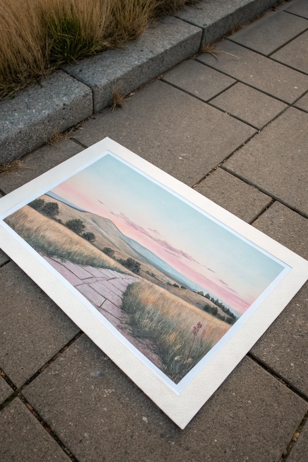 Tape-resist chalk pastel landscape with ultra-crisp white edges and a soft blended sky