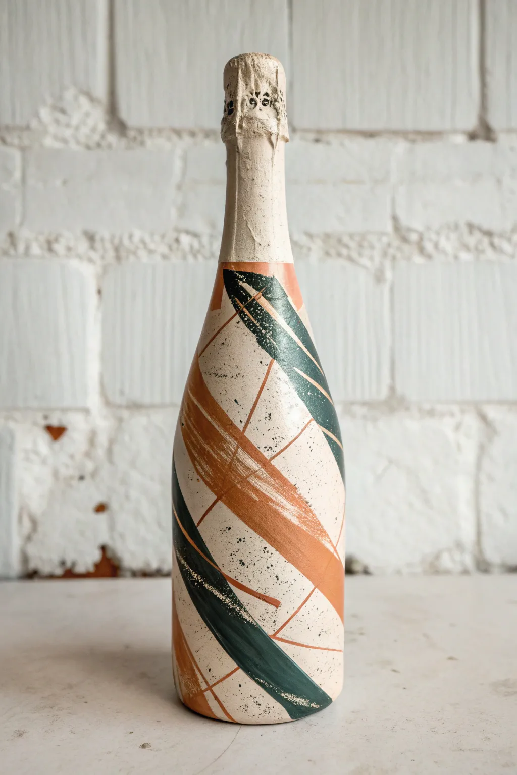 Champagne bottle wrapped in bold abstract brushstrokes, minimal boho palette, crisp contrast, tactile texture.