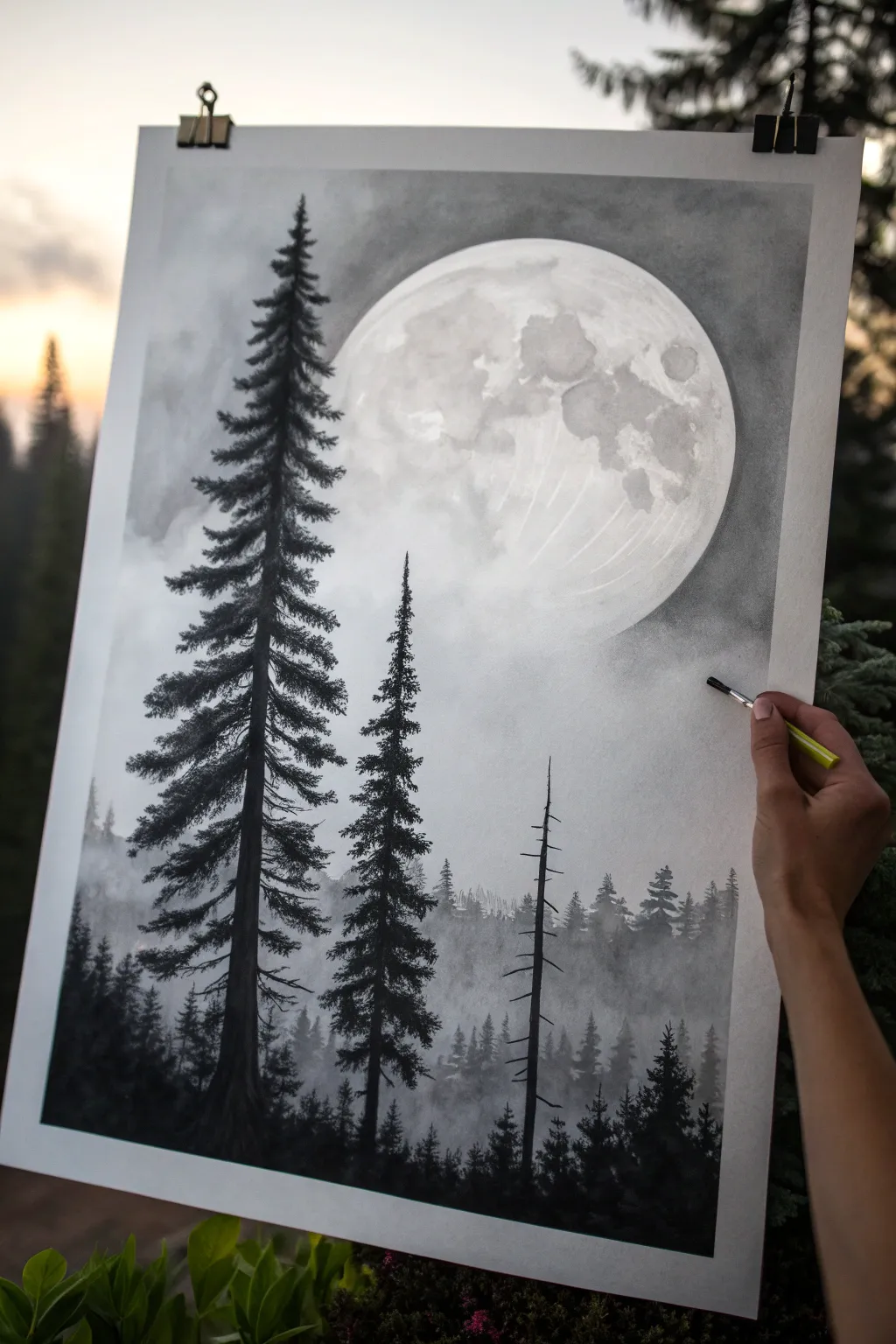 Moonlit pine silhouettes in charcoal, with an erased full moon and smoky, atmospheric clouds.