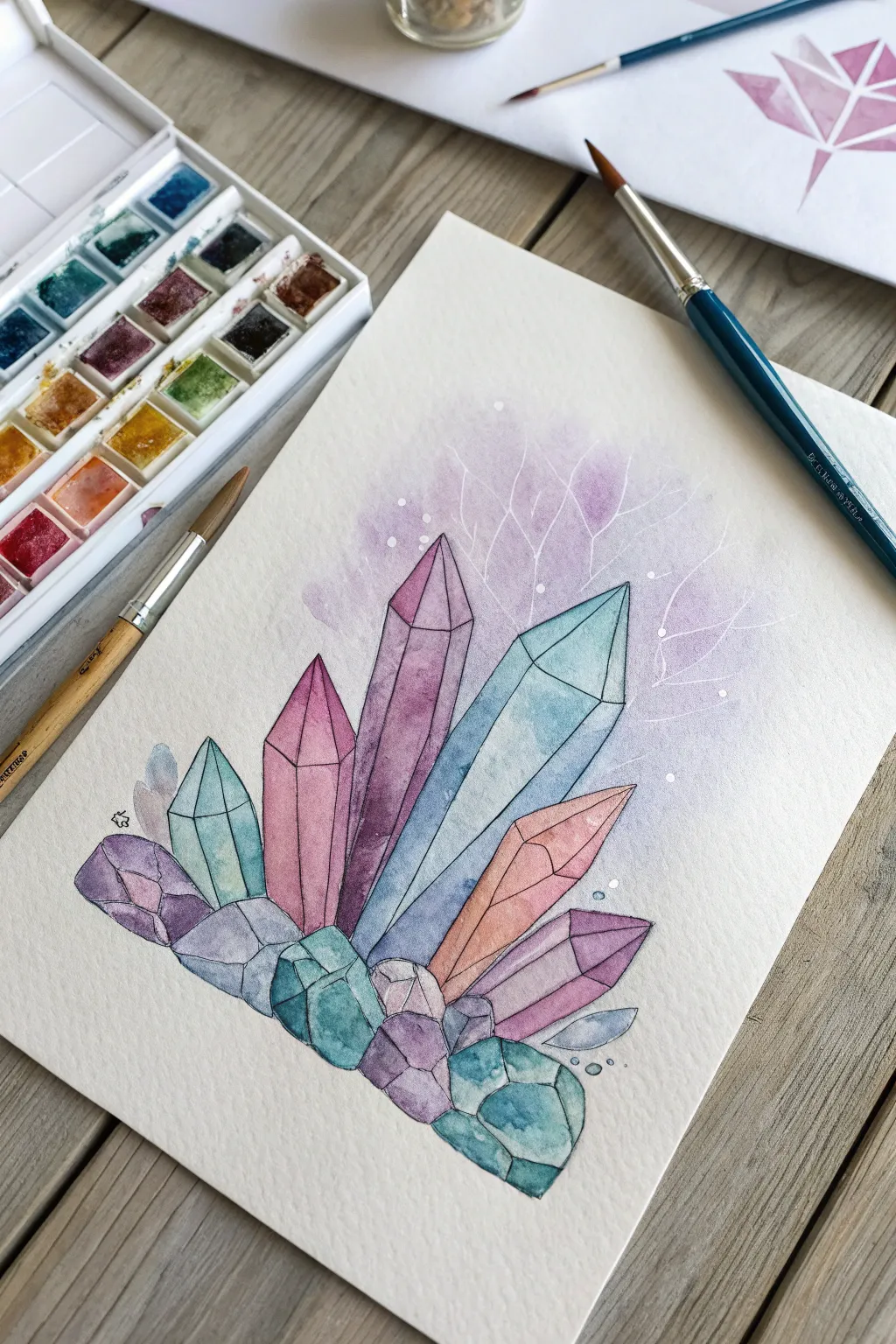 Crystallization-inspired abstract facets with sparkling highlights in a calm minimalist palette