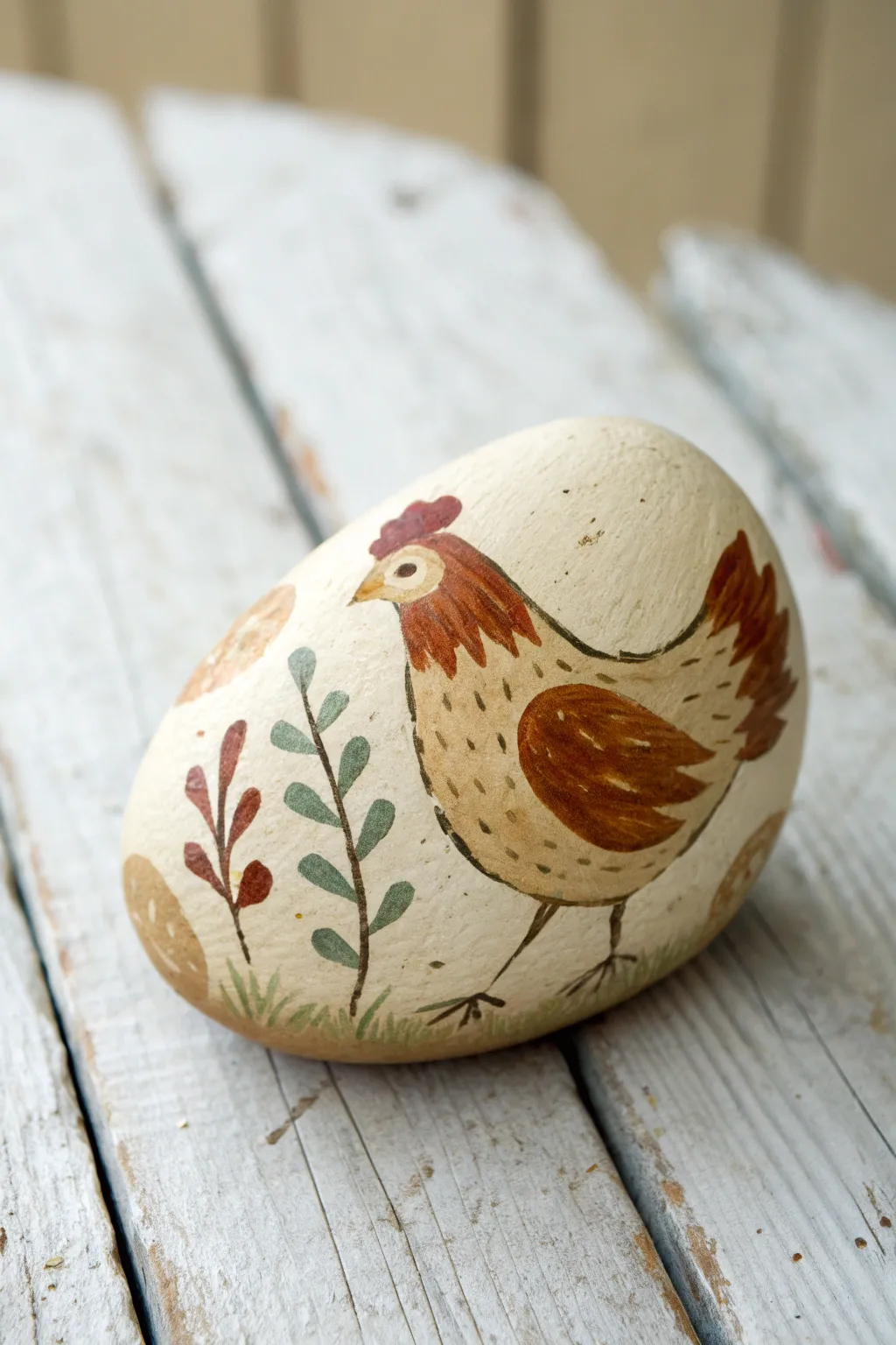 Rustic earth-tone hen rock on weathered wood, simple farmhouse charm to paint yourself.