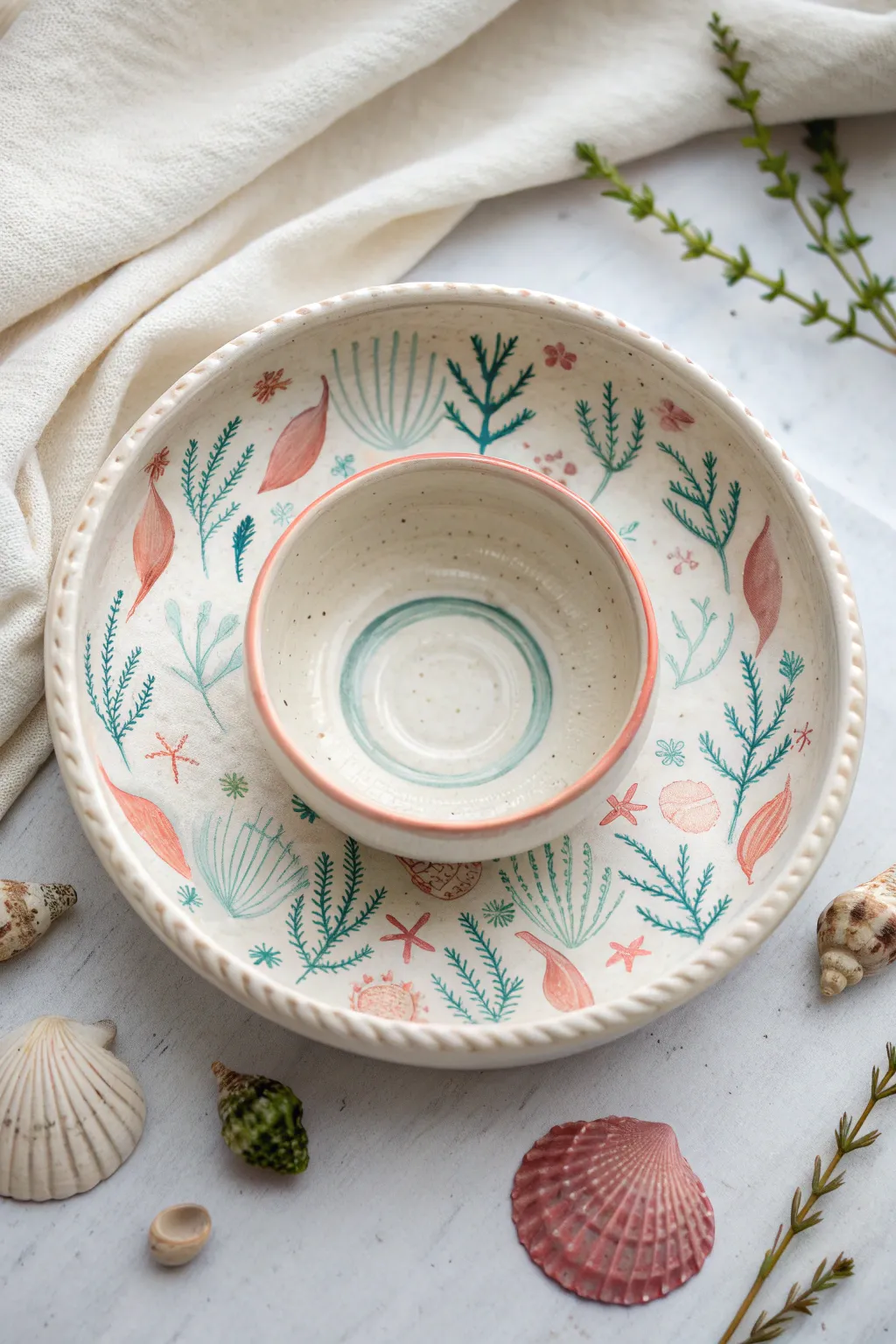 Under-the-sea rim motifs with a coral reef dip well in a calm, minimalist ocean palette