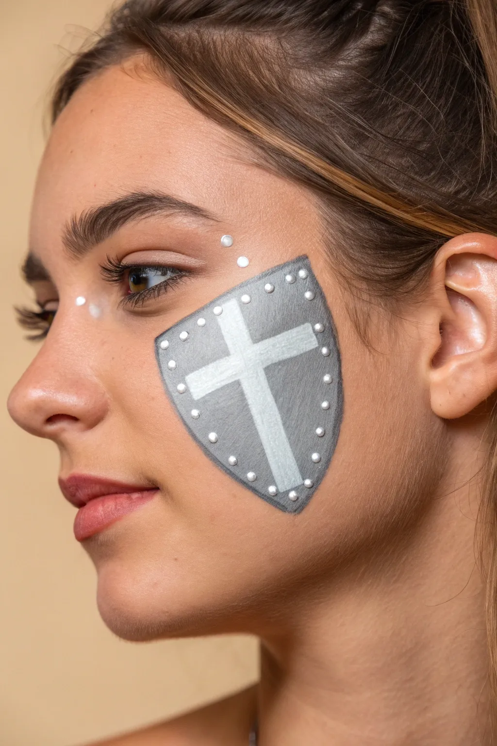Minimal cheek shield with a bold cross and soft metallic shading, simple armor-inspired lines.