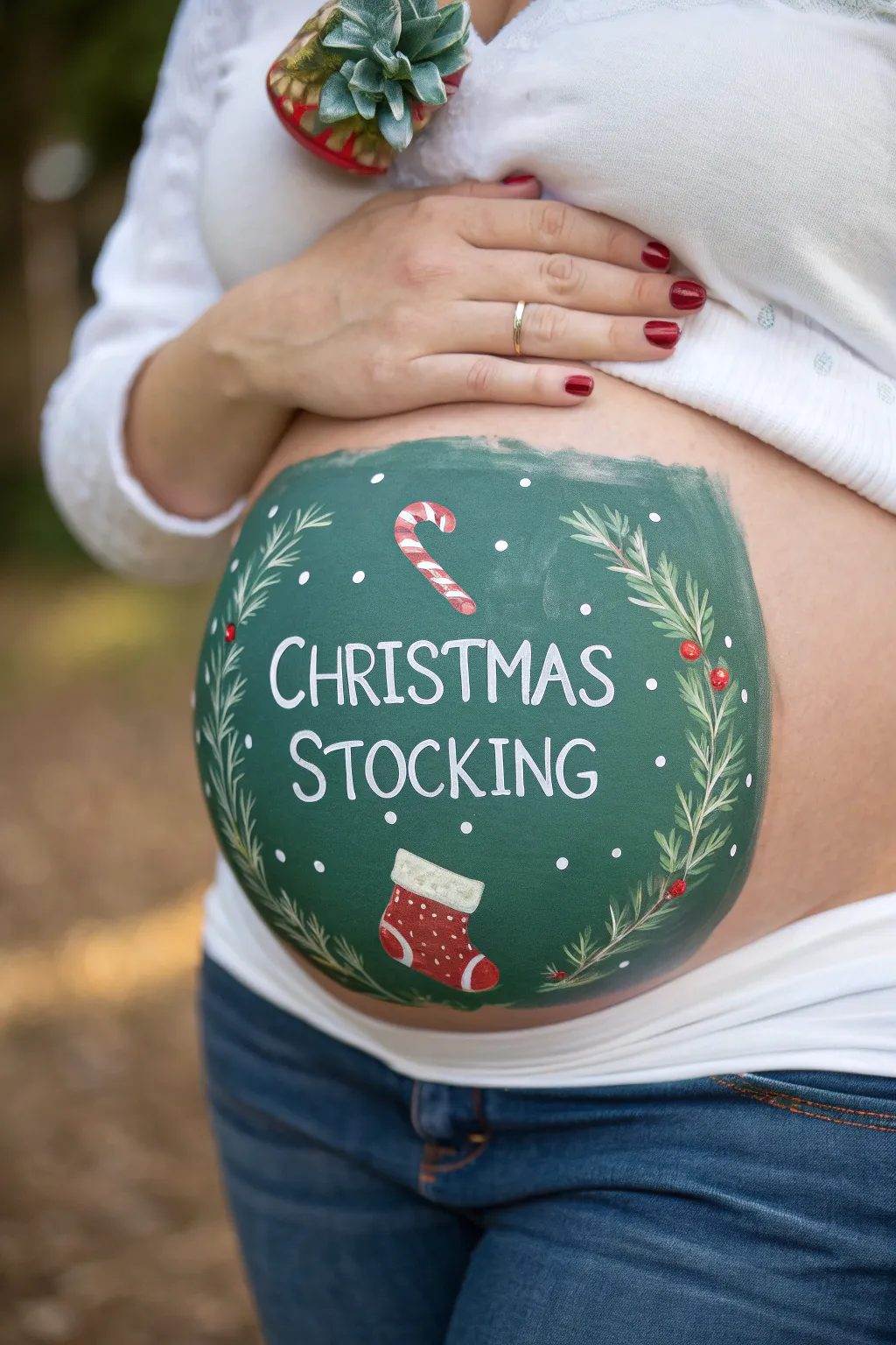 Minimalist Christmas belly painting: a cozy stocking packed with tiny treats and a blank baby tag.