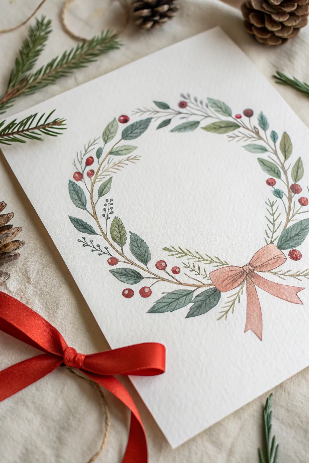 Minimal wreath circle with layered leaves, berries, and bow, leaving a clean blank center to personalize.