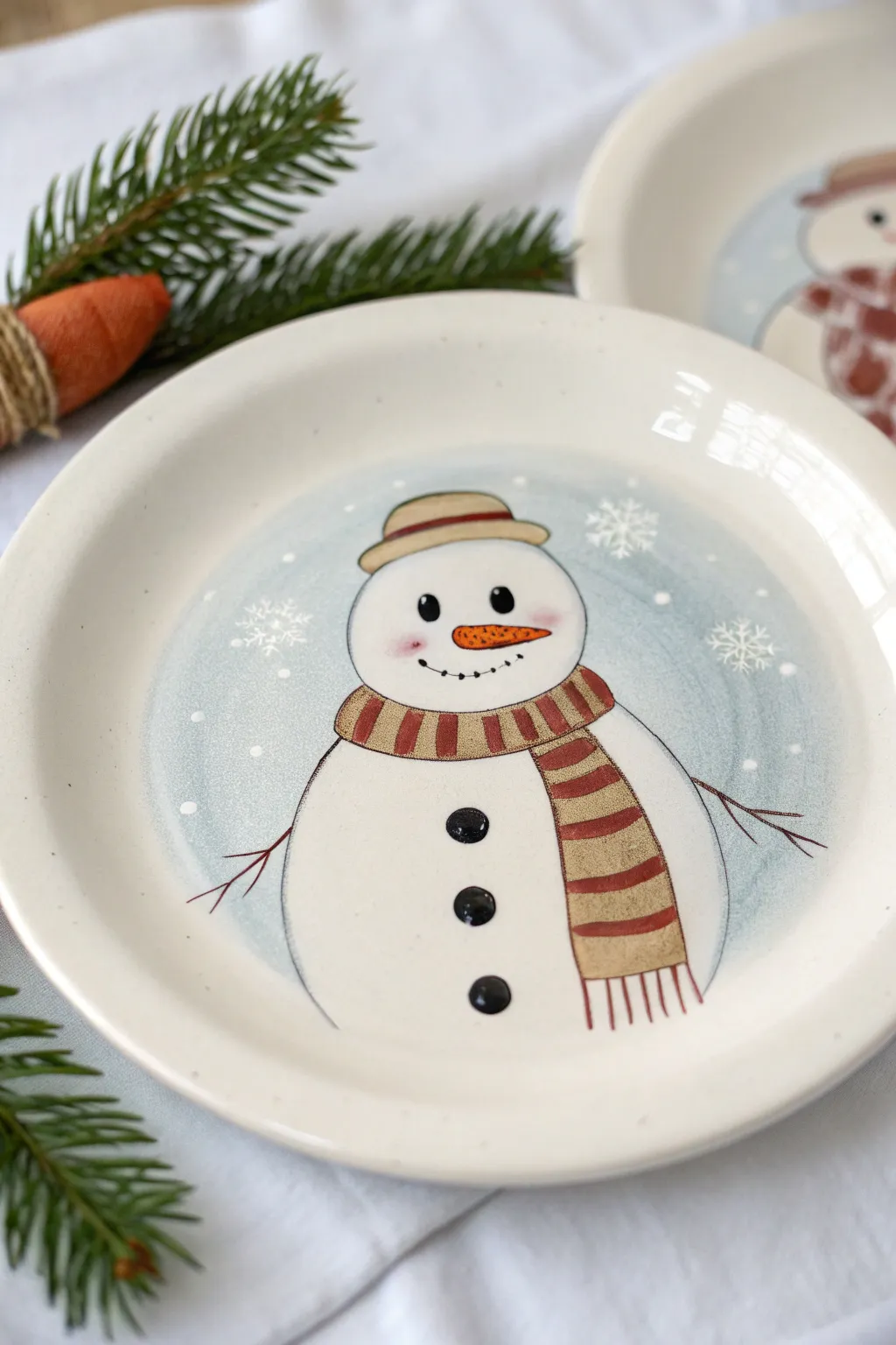 Cozy snowman plate design with soft blue shading, striped scarf, and coal button dots.