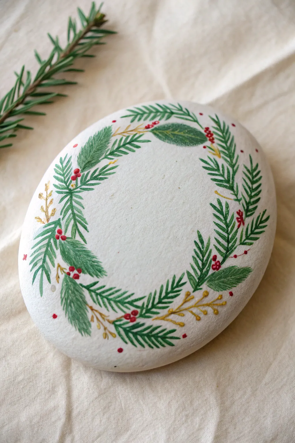 Minimalist Christmas wreath rock painting, crisp details and cozy Scandinavian-boho styling.