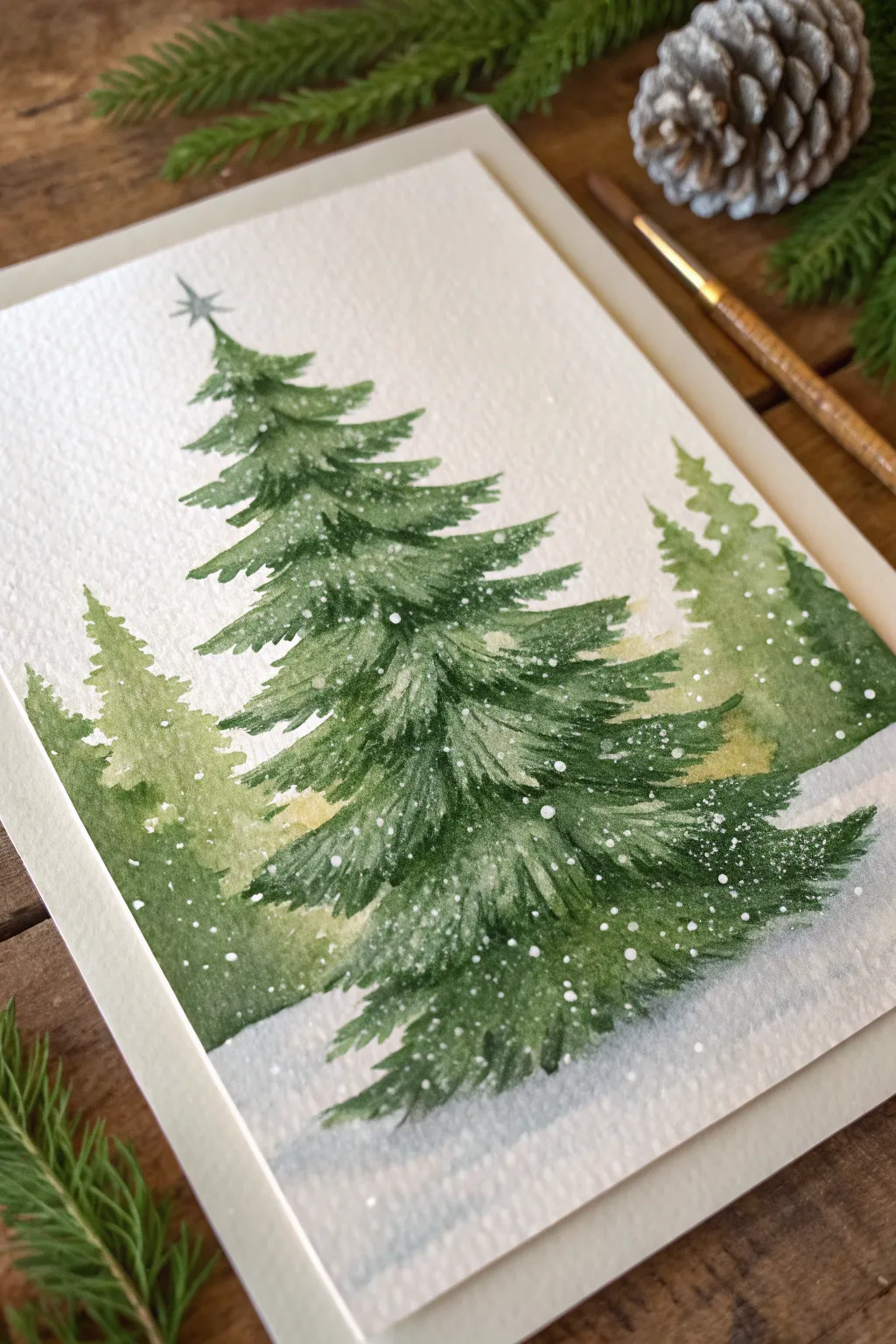 Salt watercolor snowy tree texture, sparkling crystals on deep green wash in a minimalist style.