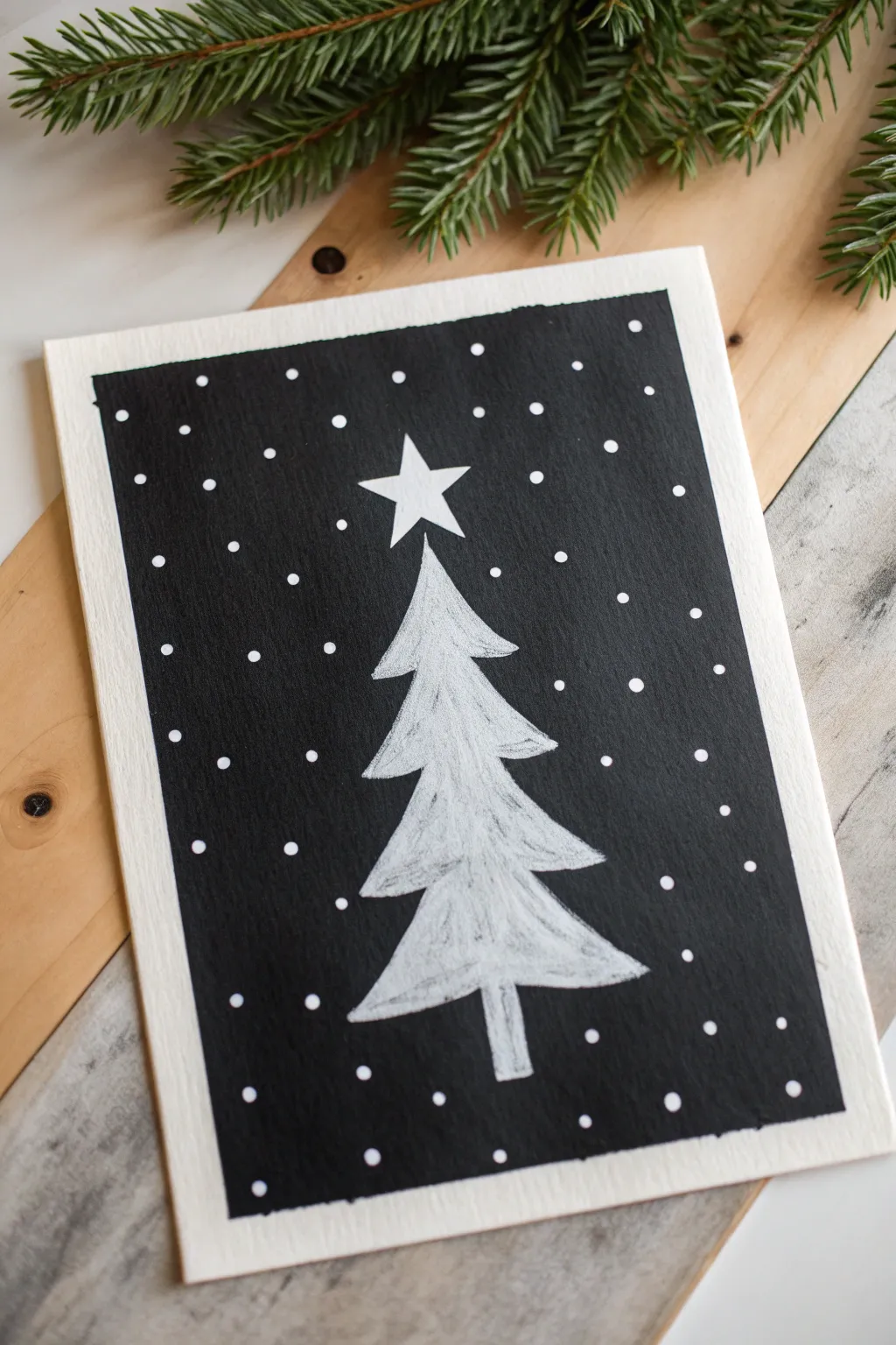 Negative space Christmas tree silhouette with tiny lights and crisp star, minimal and cozy