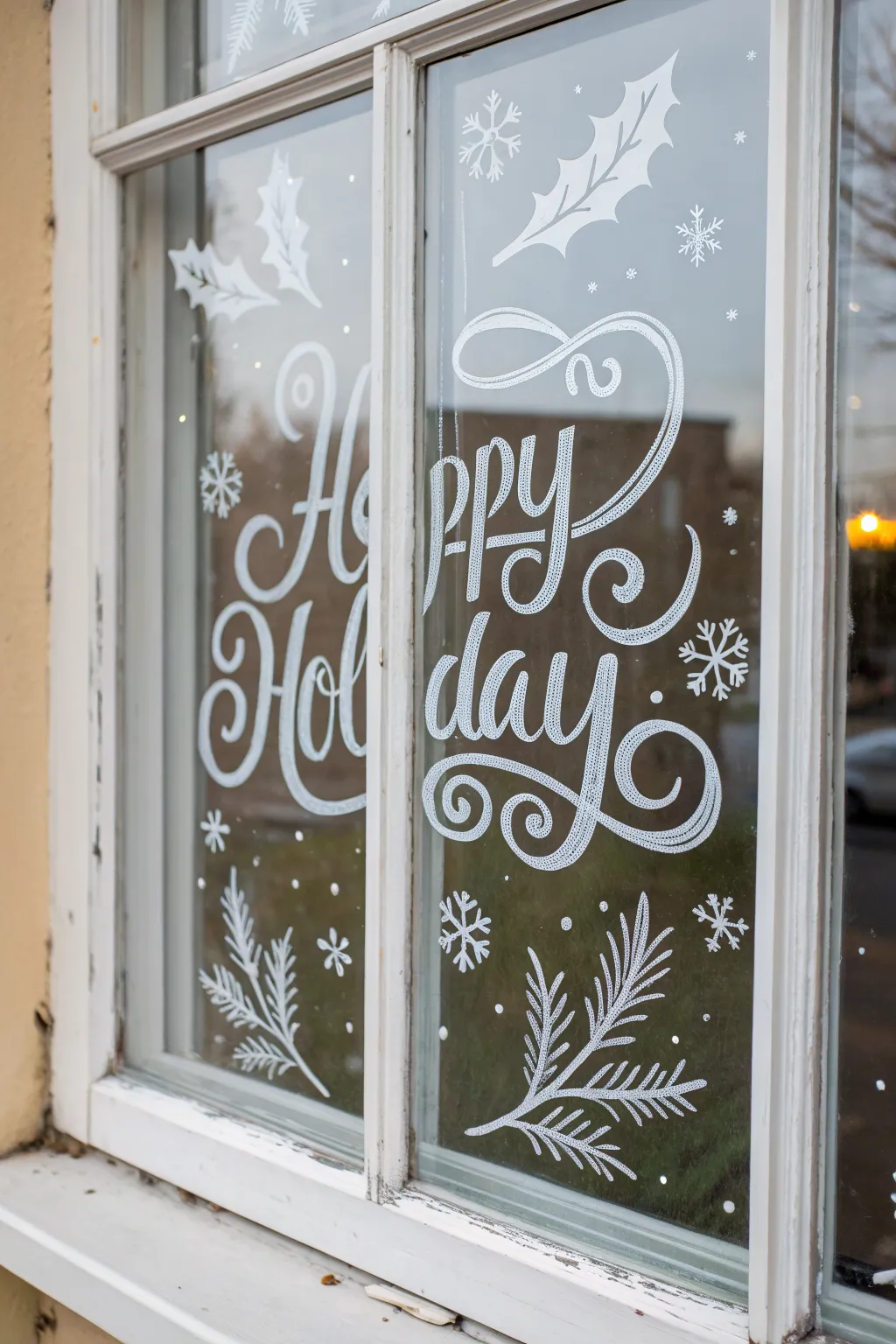 Minimal window greeting pattern with faux script swashes, snowflakes, and holly for cozy boho charm.