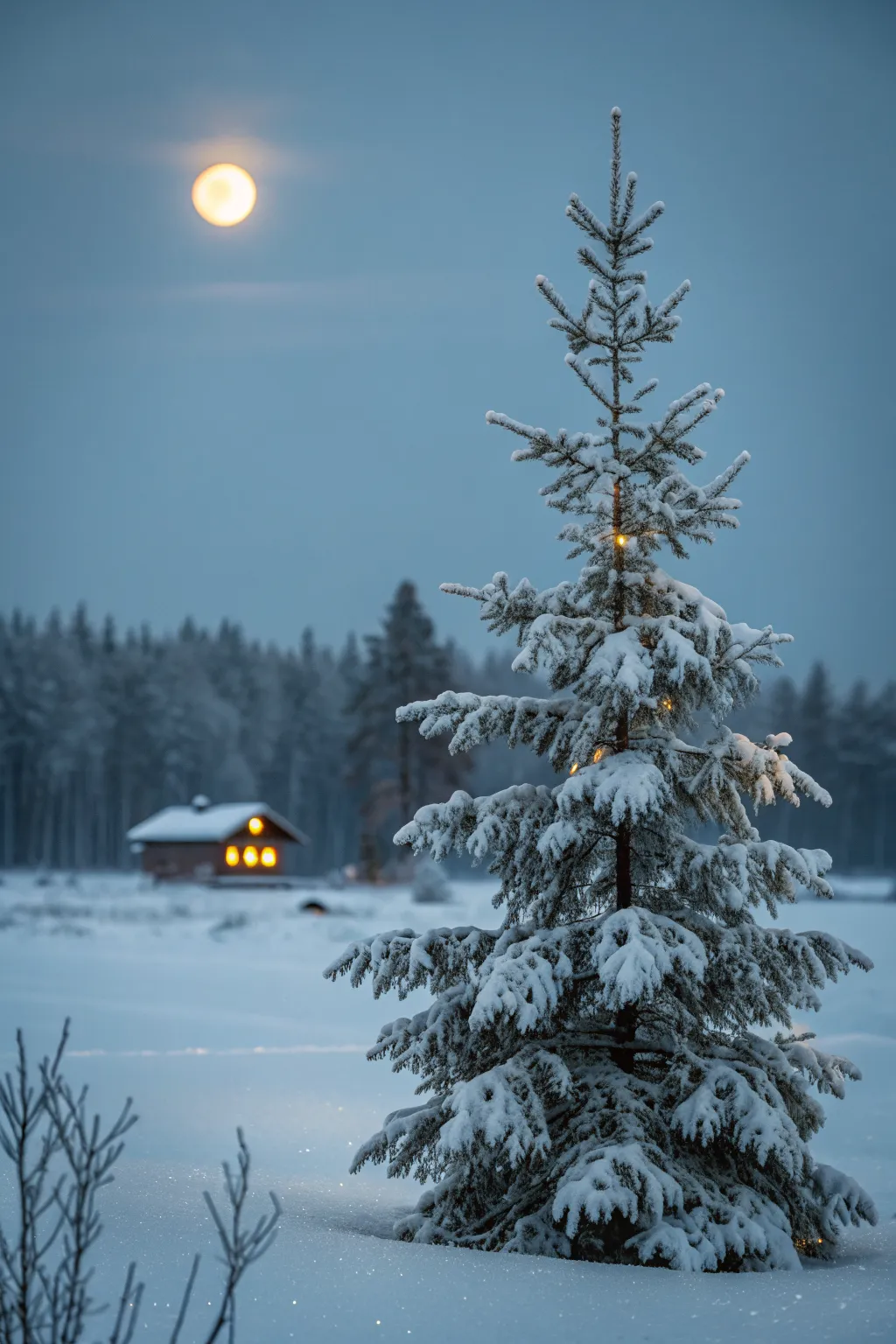 Moonlit pines and a distant cabin glow, cool blues with soft warm windows on Christmas Eve
