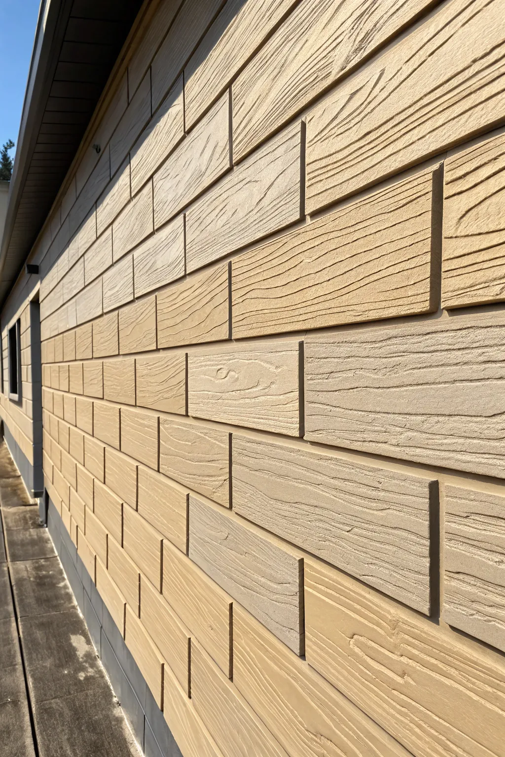 Faux wood-plank paint effect on cinder blocks, with close-up brushstrokes for realism.