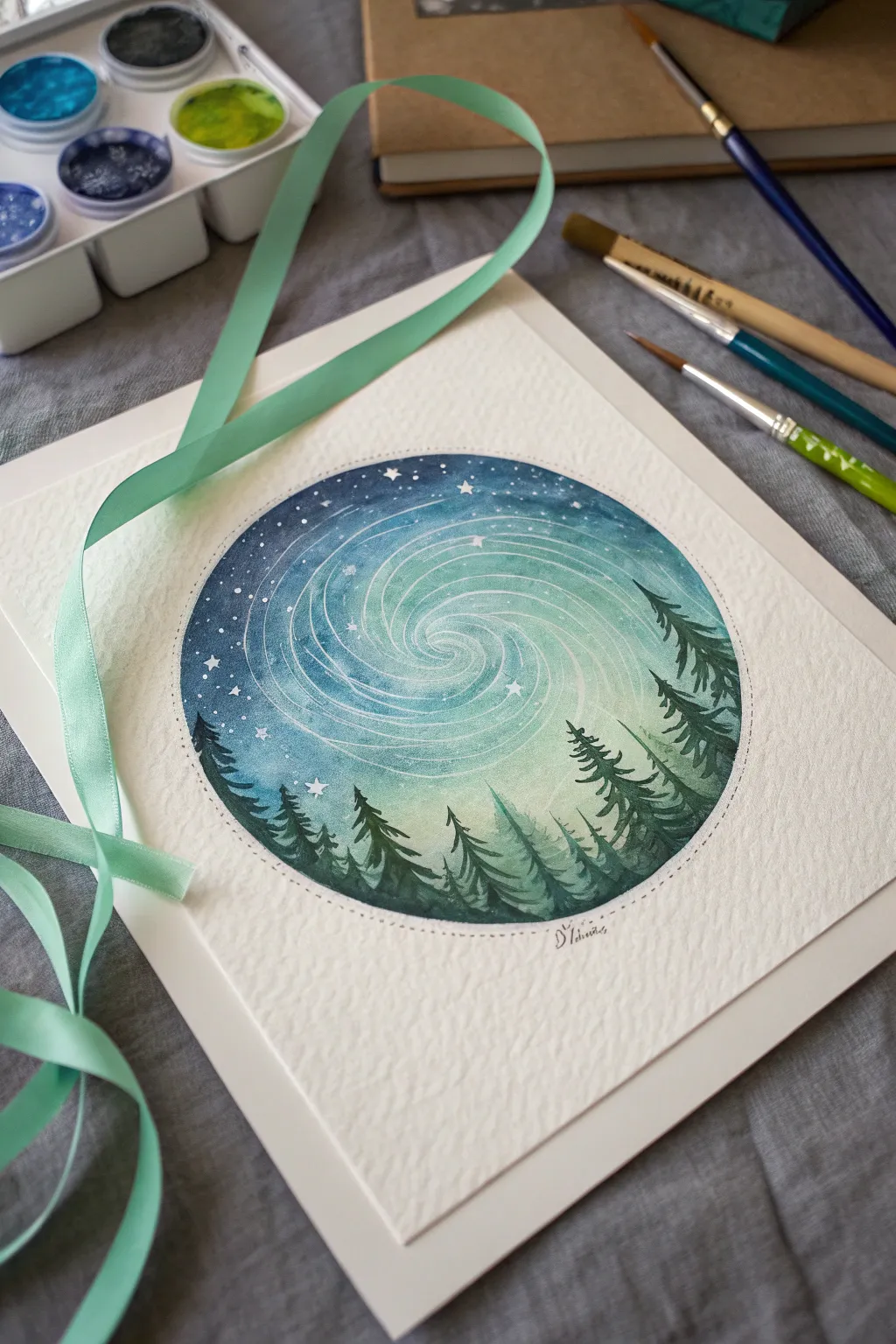 Minimalist circle painting with teal aurora sweeping the rim above a quiet snowy night.
