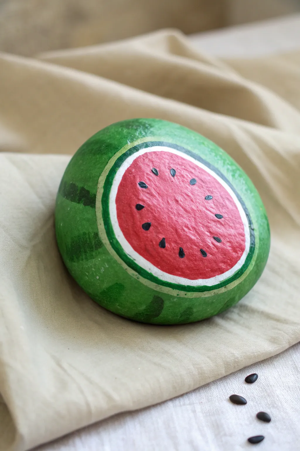 Watermelon round slice rock painting idea with crisp curves, bold contrast, and minimal boho charm