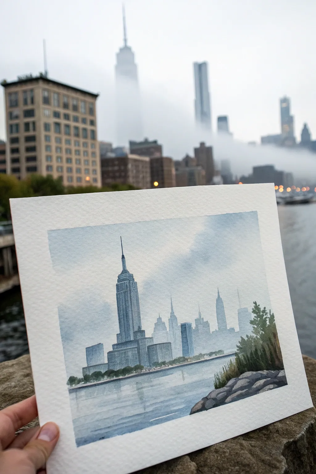 Foggy minimal cityscape study in cool grays, soft haze, and crisp paper white contrast.