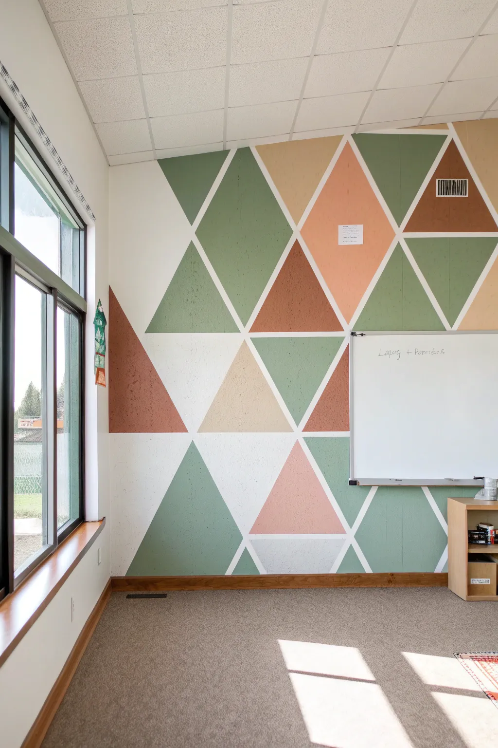 Calming triangle feature wall in soft boho tones for a modern, minimal classroom paint idea