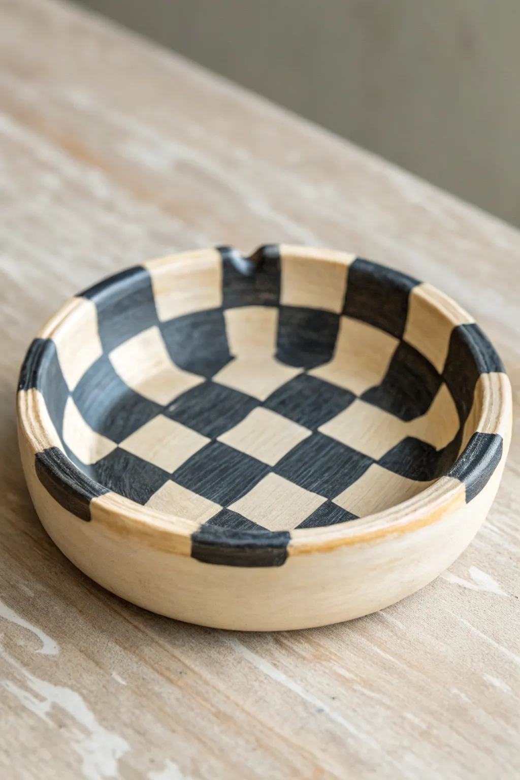 Bold hand-painted checkerboard clay ashtray, minimalist palette, perfect for modern boho spaces.