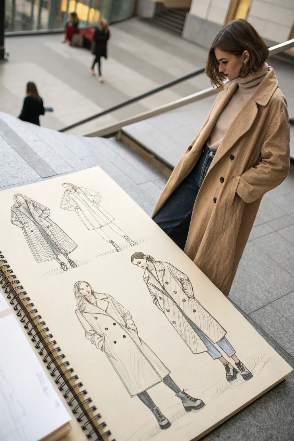 Outerwear drapes and big shapes fashion sketch page with a close-up collar study for folds