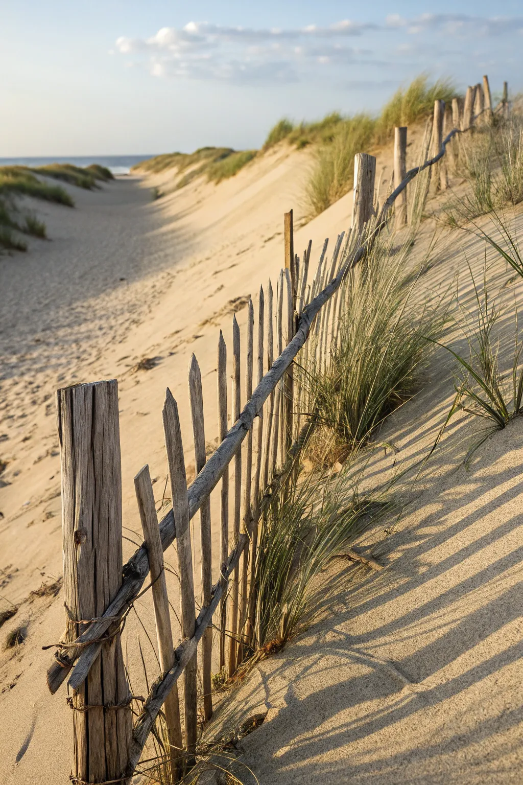 Driftwood fence casting bold shadows across dunes, minimalist coastal calm with boho texture.