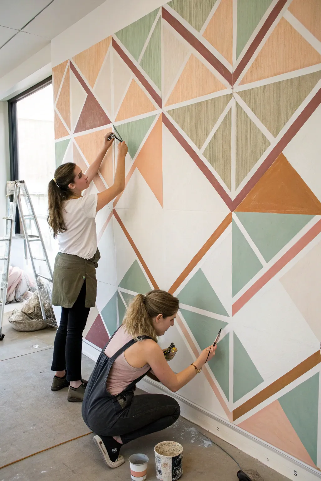 Tape-resist geometry mural with crisp lines, soft boho tones, and friends painting together.