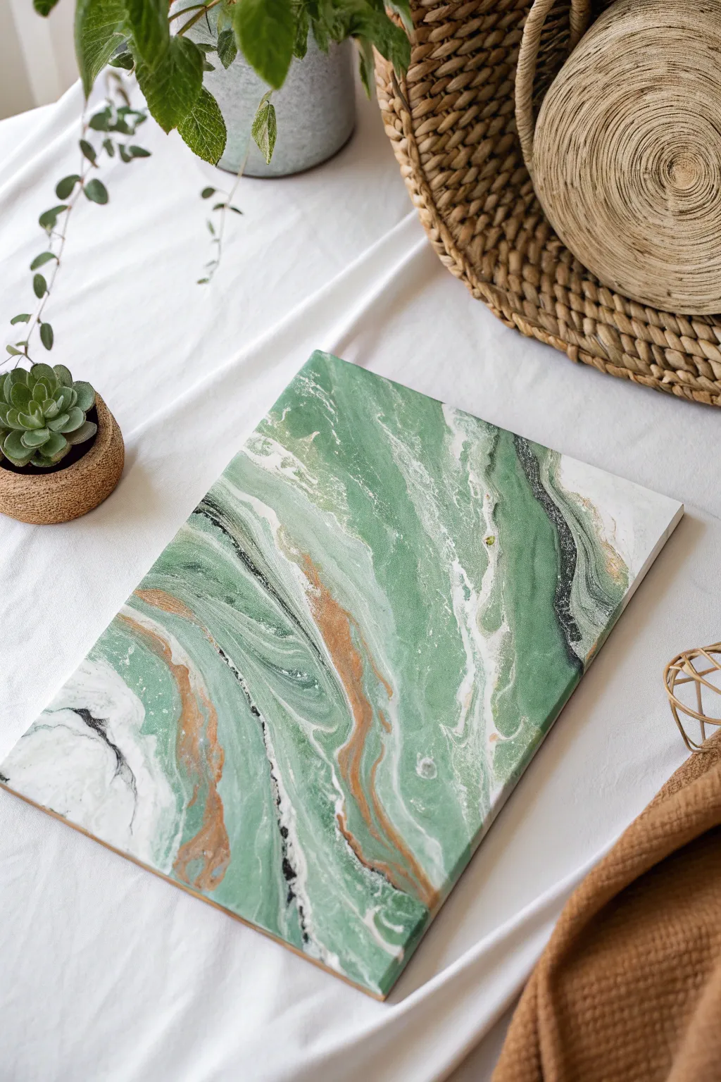 Sage, terracotta, and cream swirl into a modern earthy pour painting palette with depth.