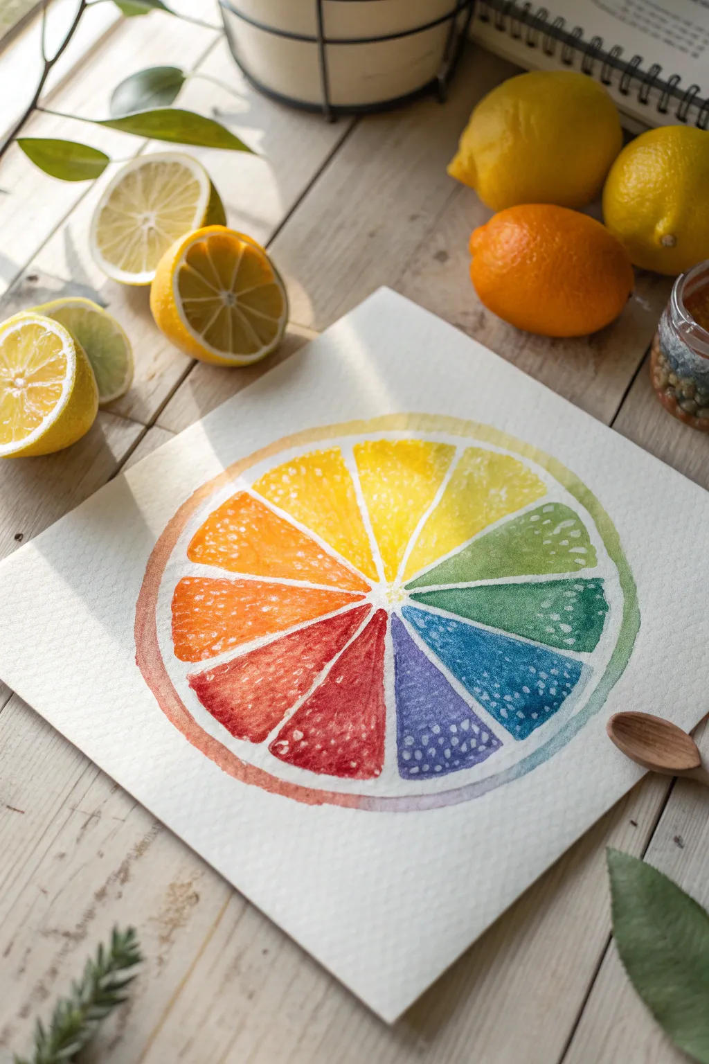 Minimal citrus slice color wheel still life with juicy wedges, soft shadows, and crisp contrast