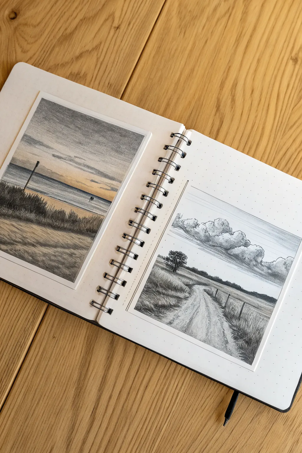 See how horizon placement changes the mood: foreground focus vs expansive sky in two simple sketches.