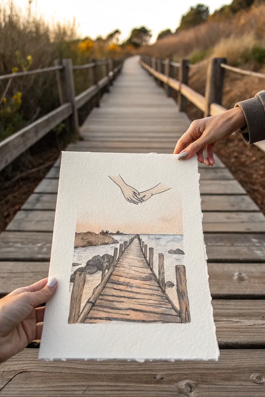 Soft minimalist art idea: two hands reaching across a broken bridge, showing conflict and distance.