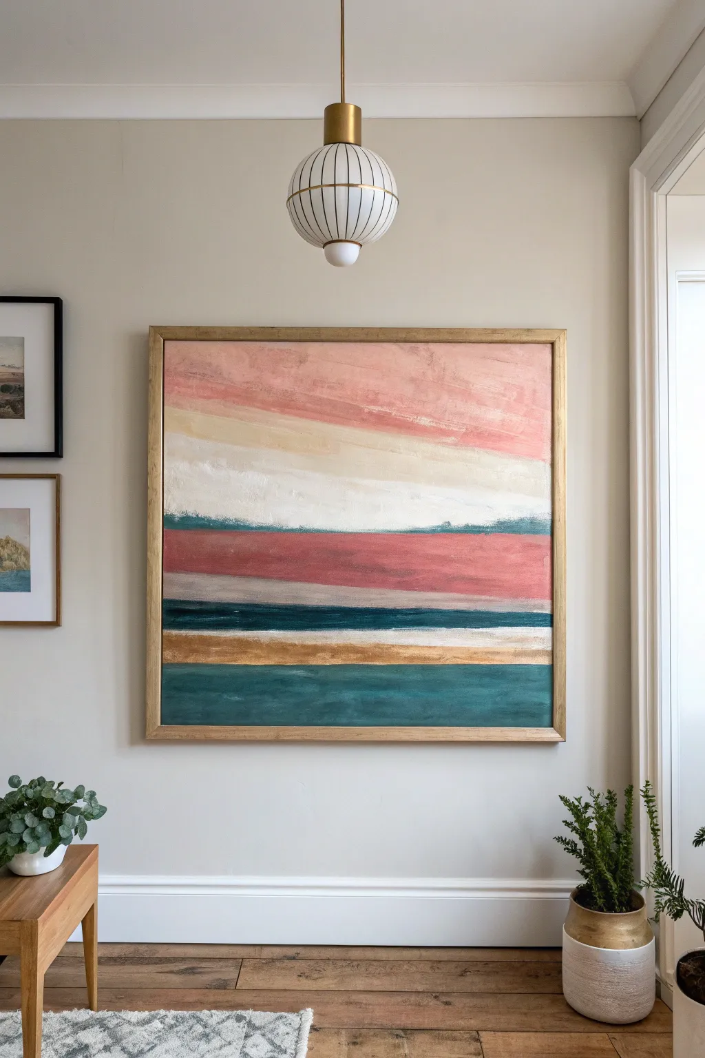Abstract horizon in dusty pink, teal, and muted mustard for modern minimalist Scandinavian decor.