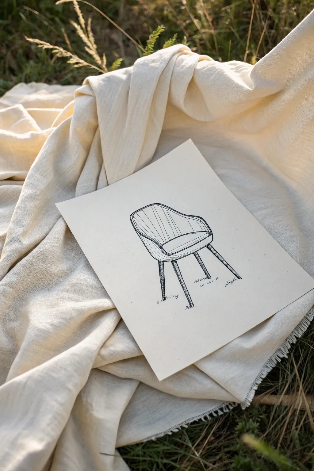 Bold chair contours and airy fabric folds create a calm, minimalist contour drawing study.