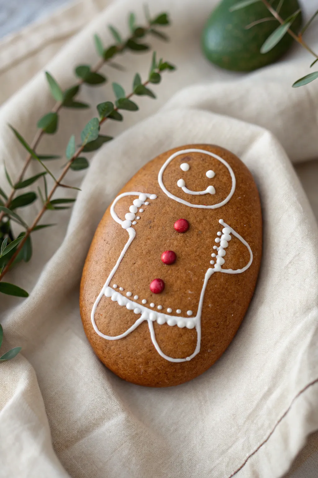 Cozy gingerbread rock with crisp icing details for a minimalist Christmas craft vibe.