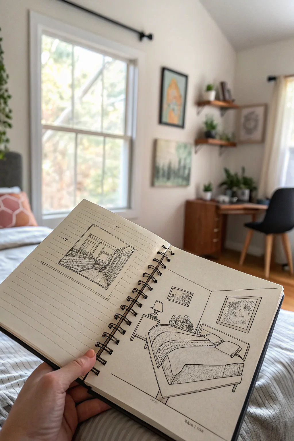 One-point perspective bedroom sketch idea: simple lines to a single vanishing point.