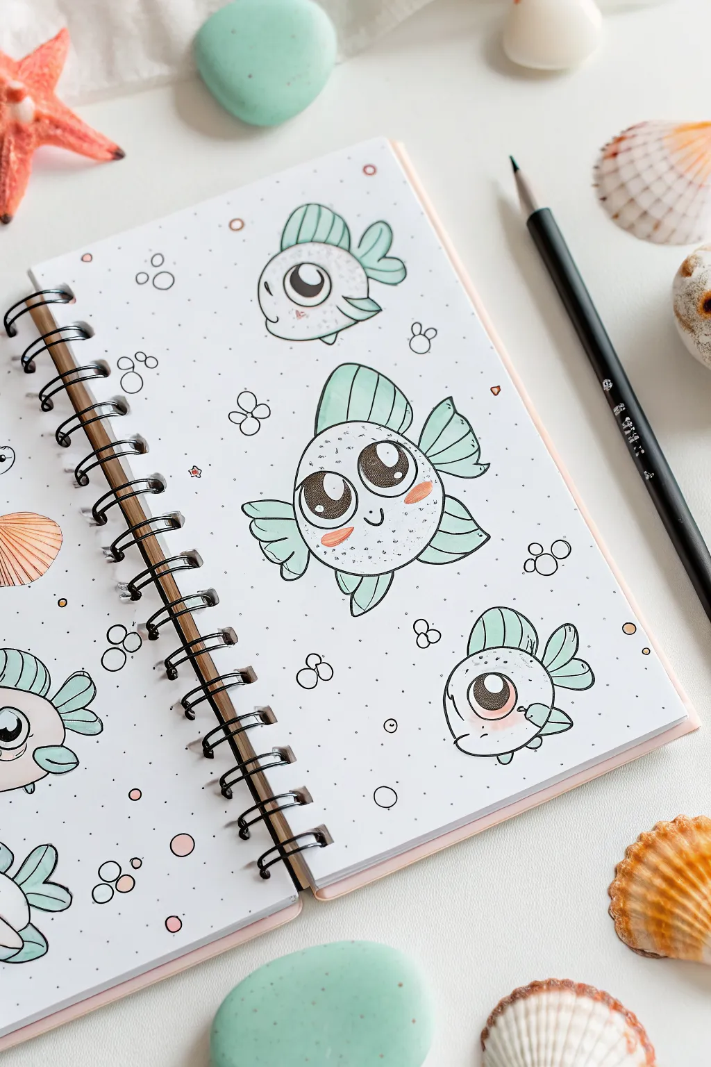 Cute chibi fish character sheet with simple poses and expressions for easy, fun drawing practice