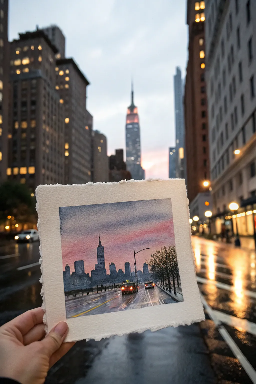 Dusk skyline silhouette with rainy reflections, wet-street glow, and soft light smears in calm tones