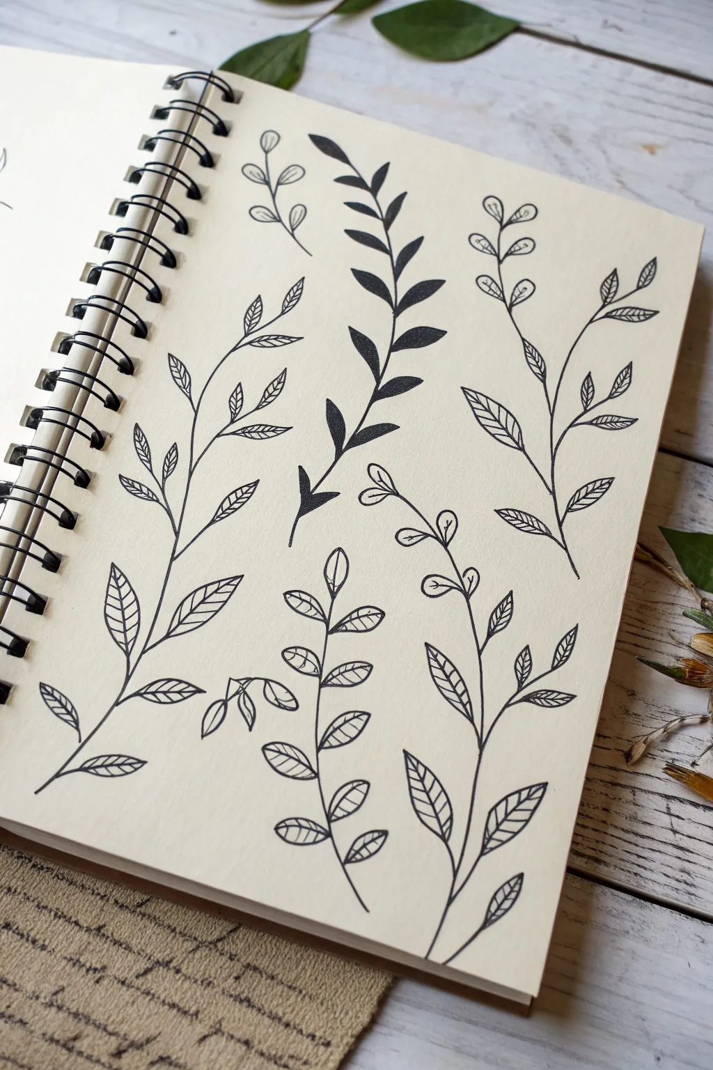Leafy vine repeat swatch in clean line art with a few filled leaves for bold contrast