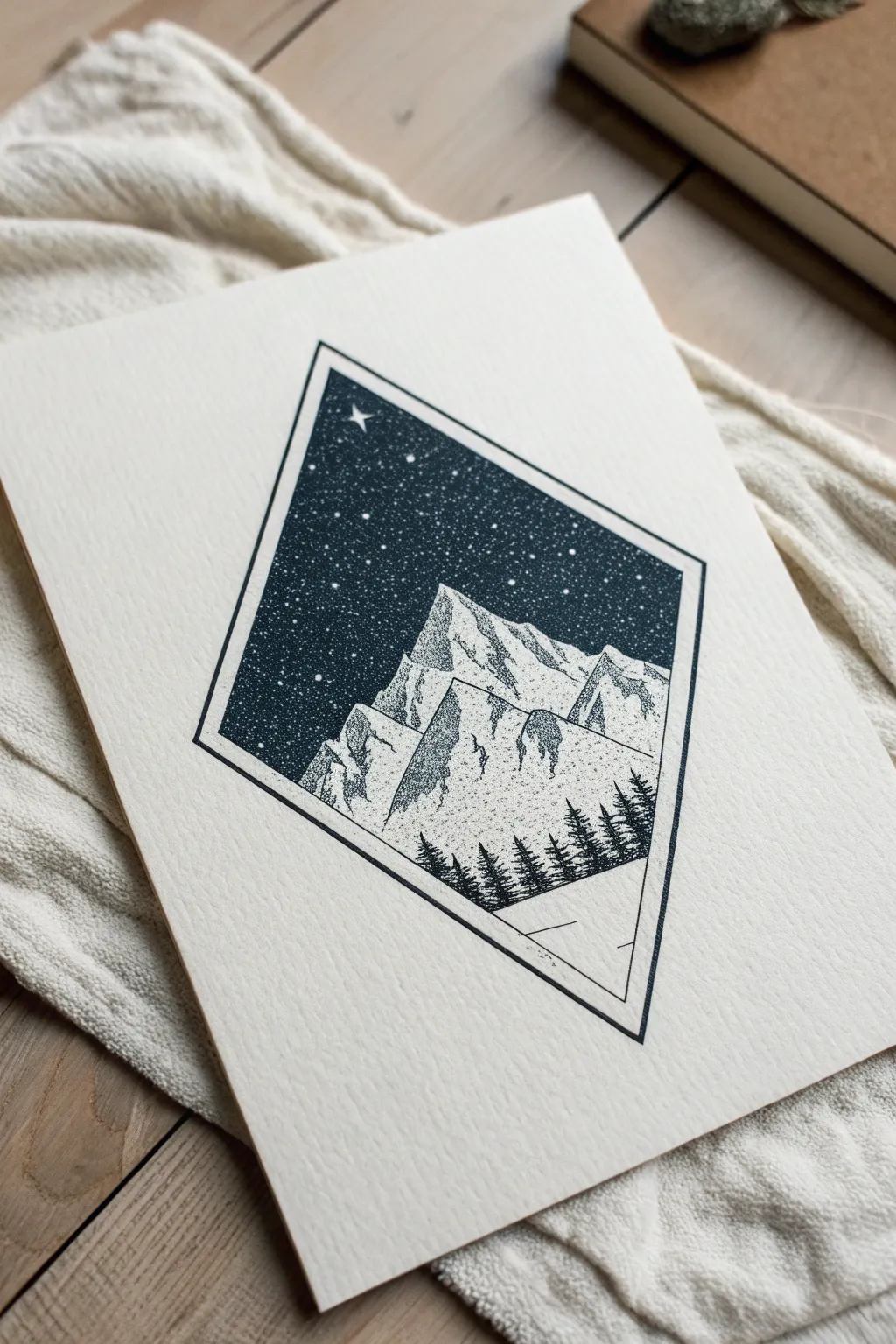 Capture the cosmos with this stunning geometric mountain and space fusion drawing.