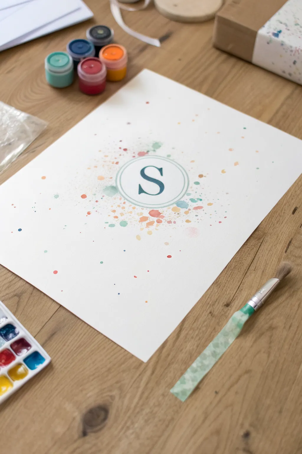 Clean negative-space initial surrounded by muted splatter paint for a modern Scandinavian boho look