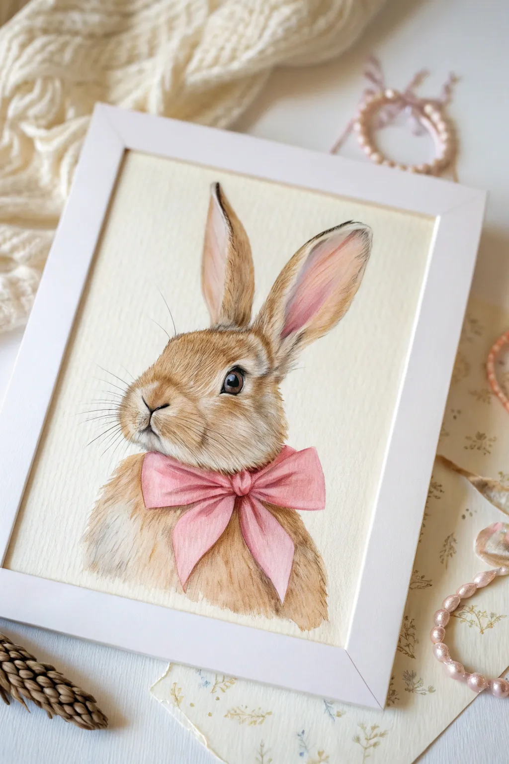 Soft coquette bunny portrait with a pink bow collar, minimal creamy backdrop and warm shadows